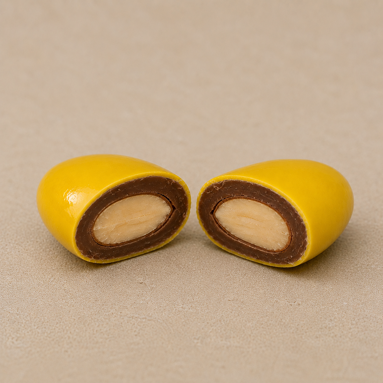 Prali Amande Chocolat au Lait Jaune Soleil, coupe transversale révélant l'amande
