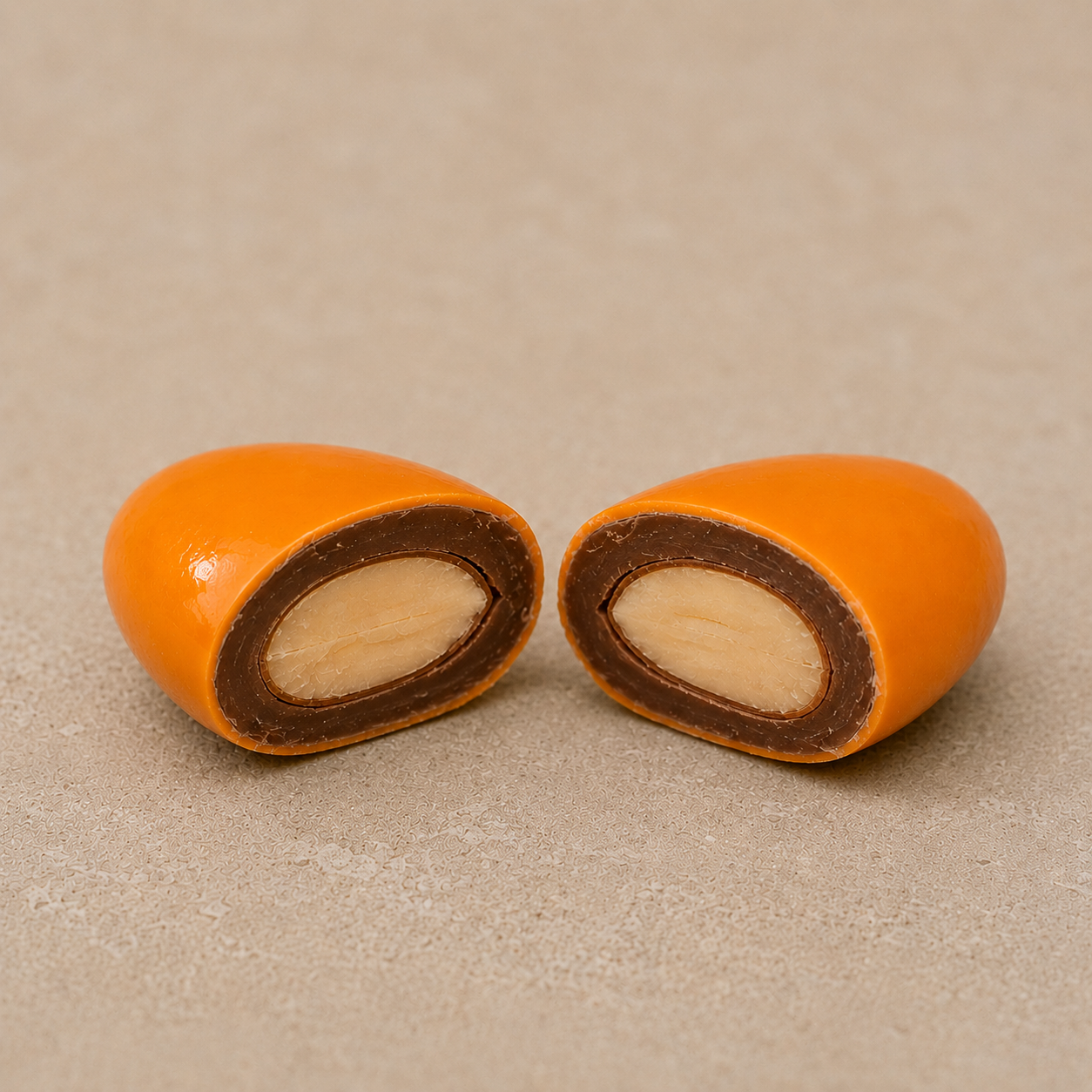 Prali Amande Chocolat au Lait Orange, coupe transversale révélant l'amande