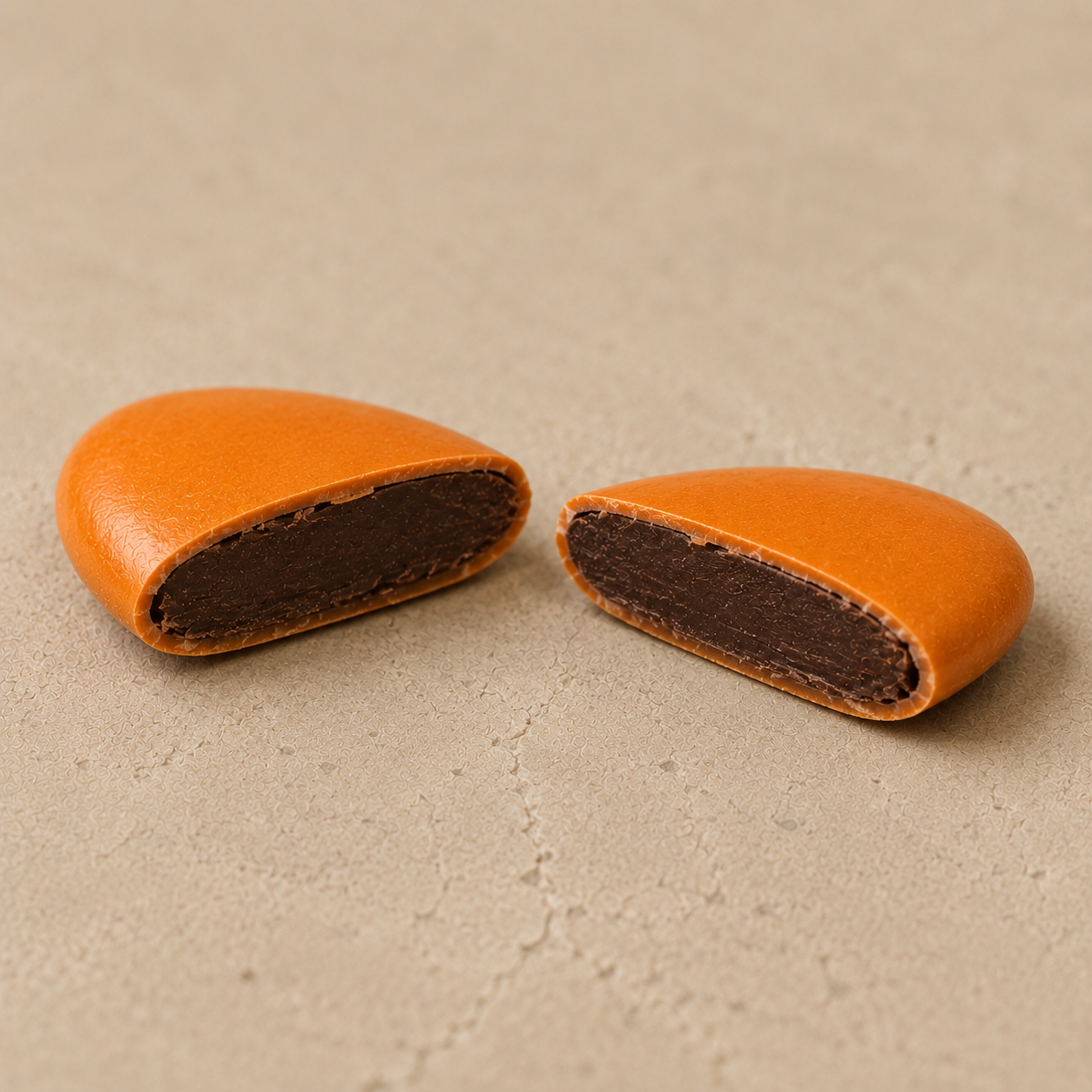 Dragées Chocolat Orange, coupe transversale révélant le cœur chocolat noir