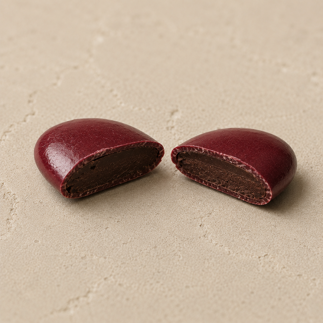 Dragées Chocolat Bordeaux, coupe transversale révélant le cœur chocolat noir