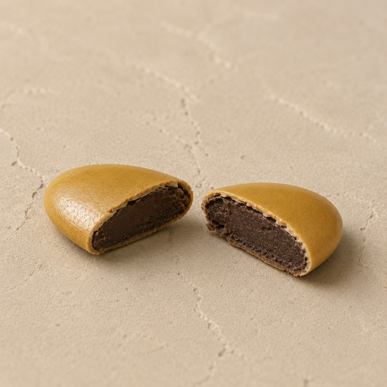Dragées Chocolat Jaune Moutarde, coupe transversale révélant le cœur chocolat noir