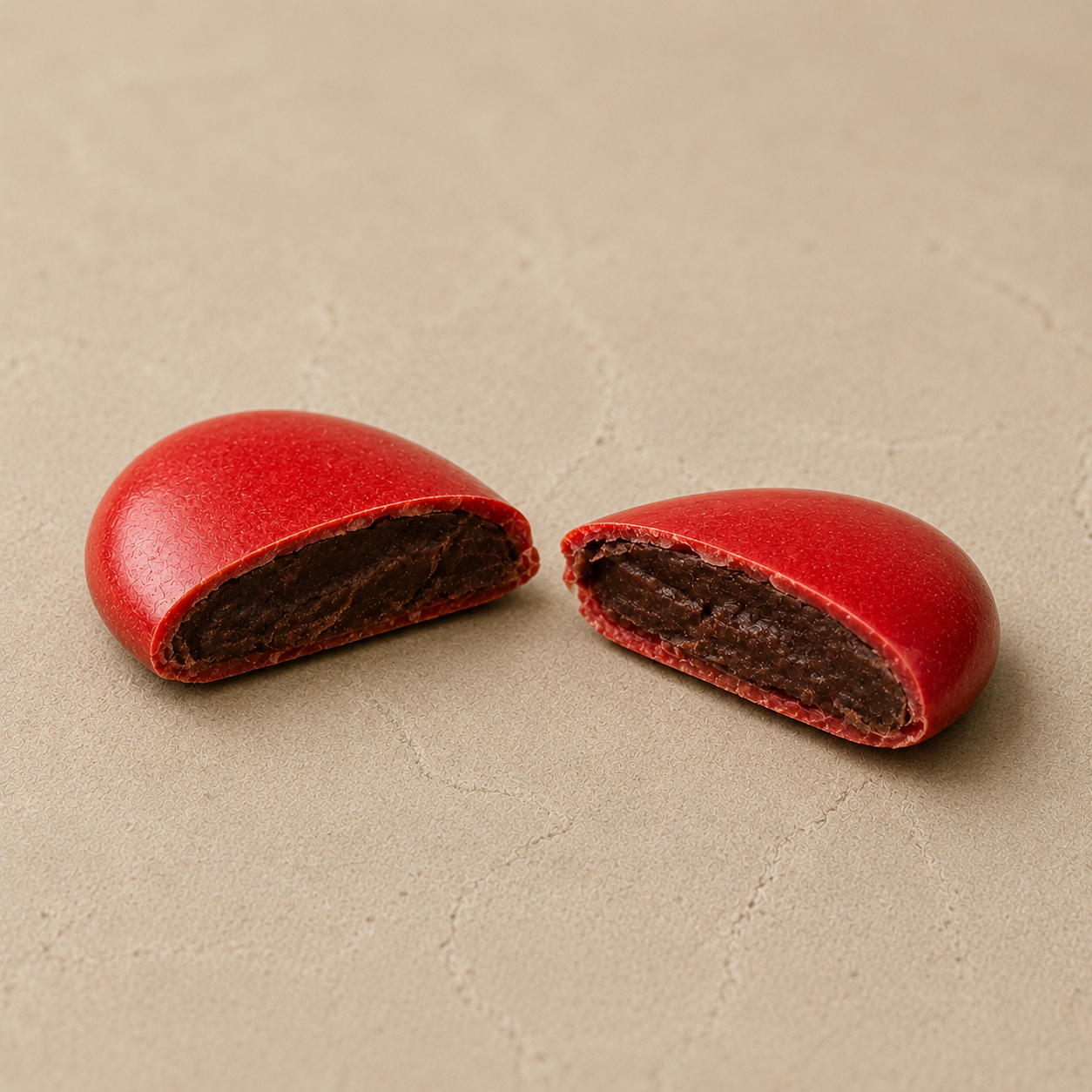 Dragées Chocolat Rouge, coupe transversale révélant le cœur chocolat noir