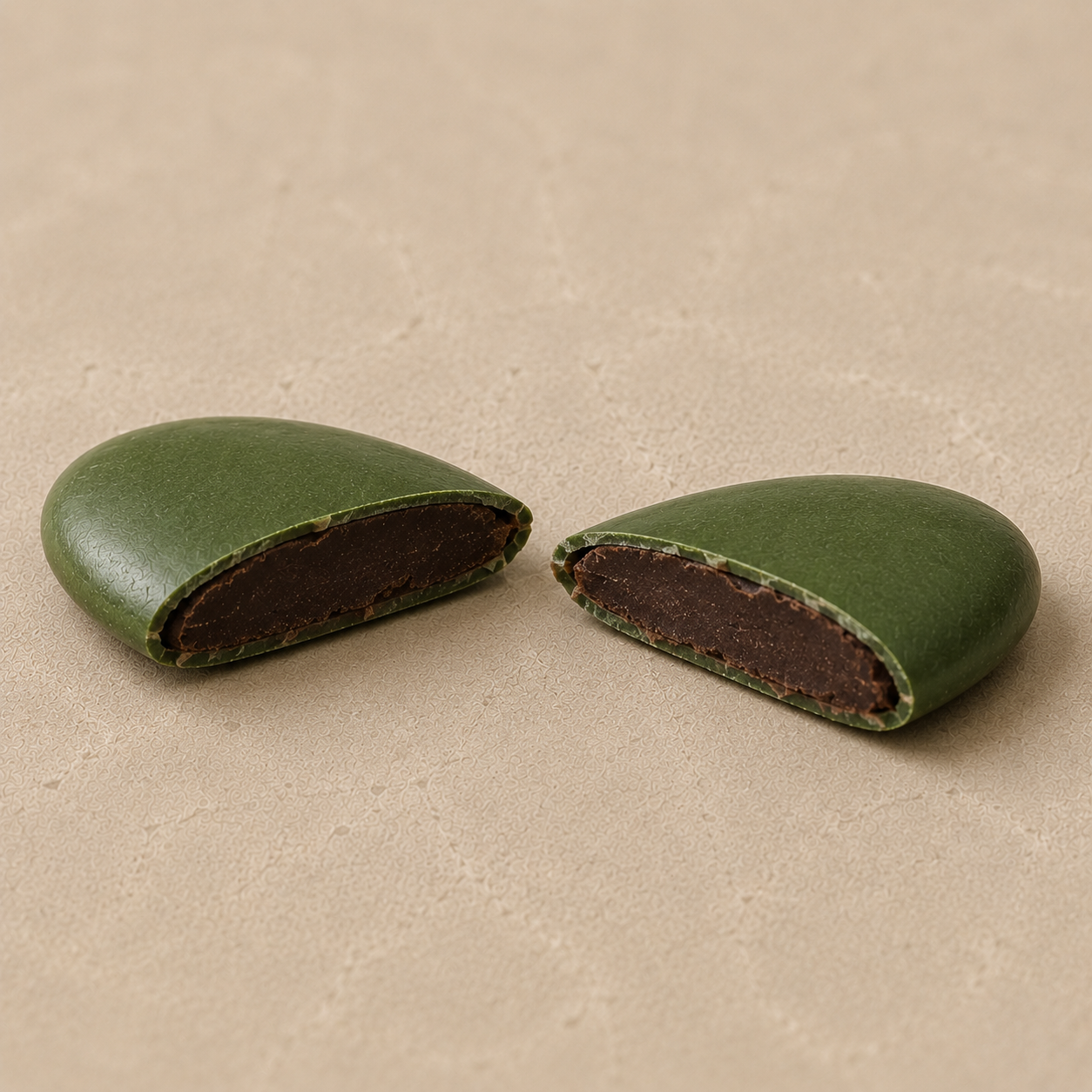 Dragées Chocolat Vert Sapin, coupe transversale révélant le cœur chocolat noir