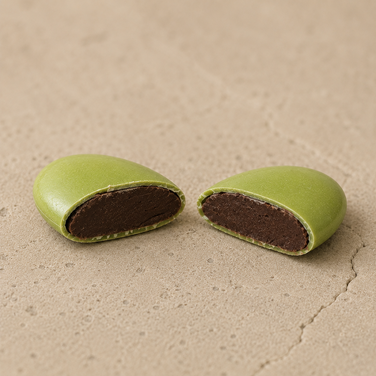Dragées Chocolat Vert Pomme, coupe transversale révélant le cœur chocolat noir