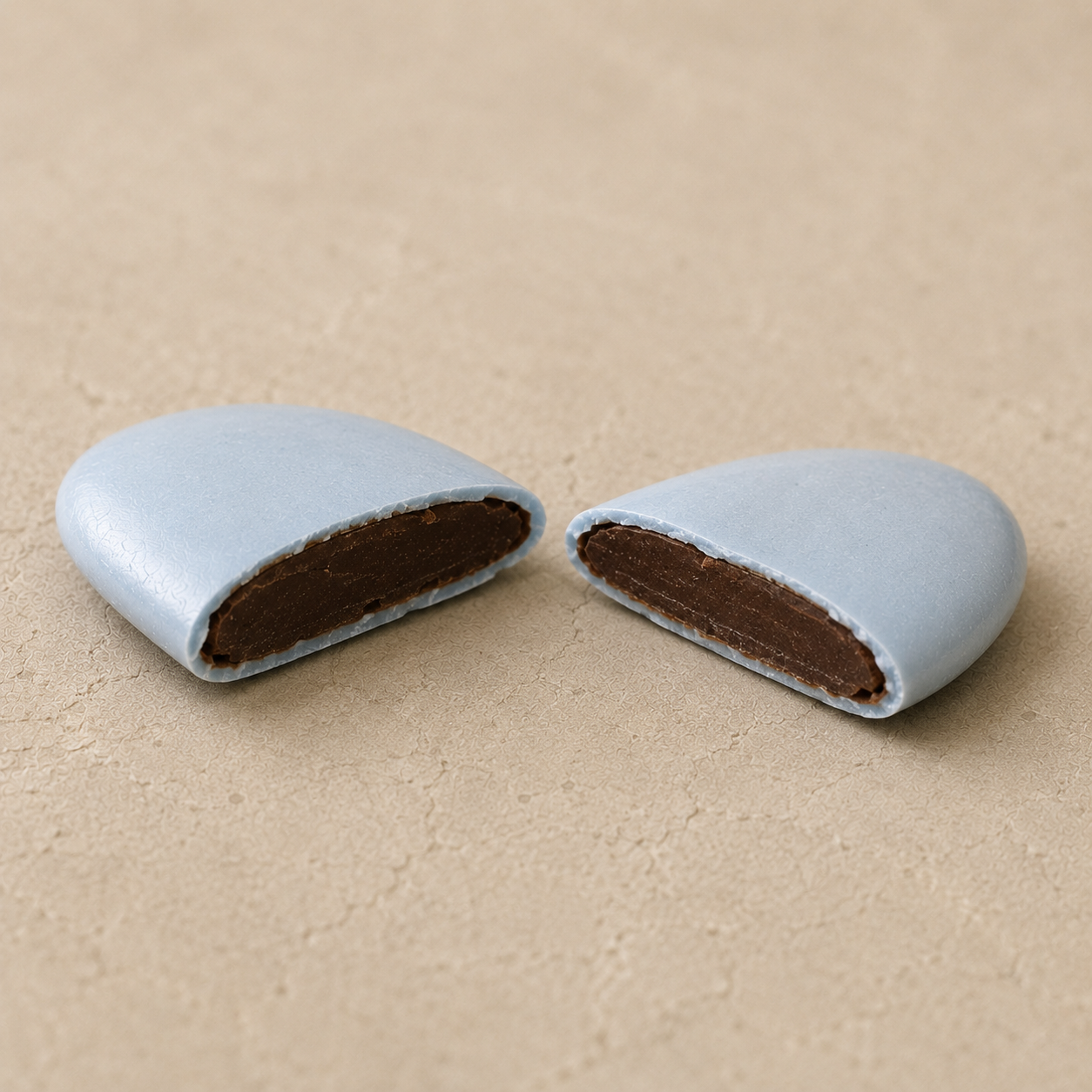 Dragées Chocolat Bleu Poudré, coupe transversale révélant le cœur chocolat noir