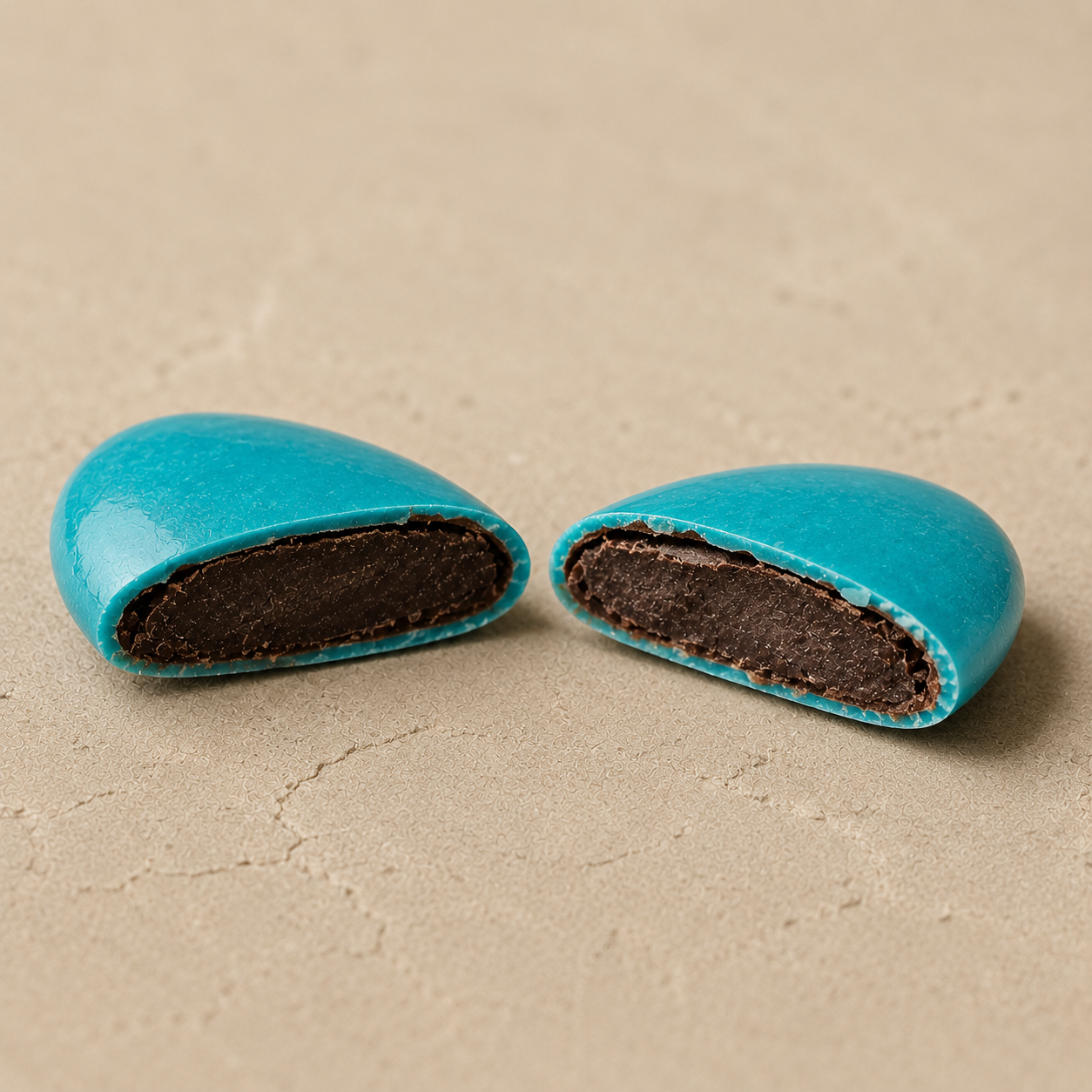 Dragées Chocolat Turquoise, coupe transversale révélant le cœur chocolat noir