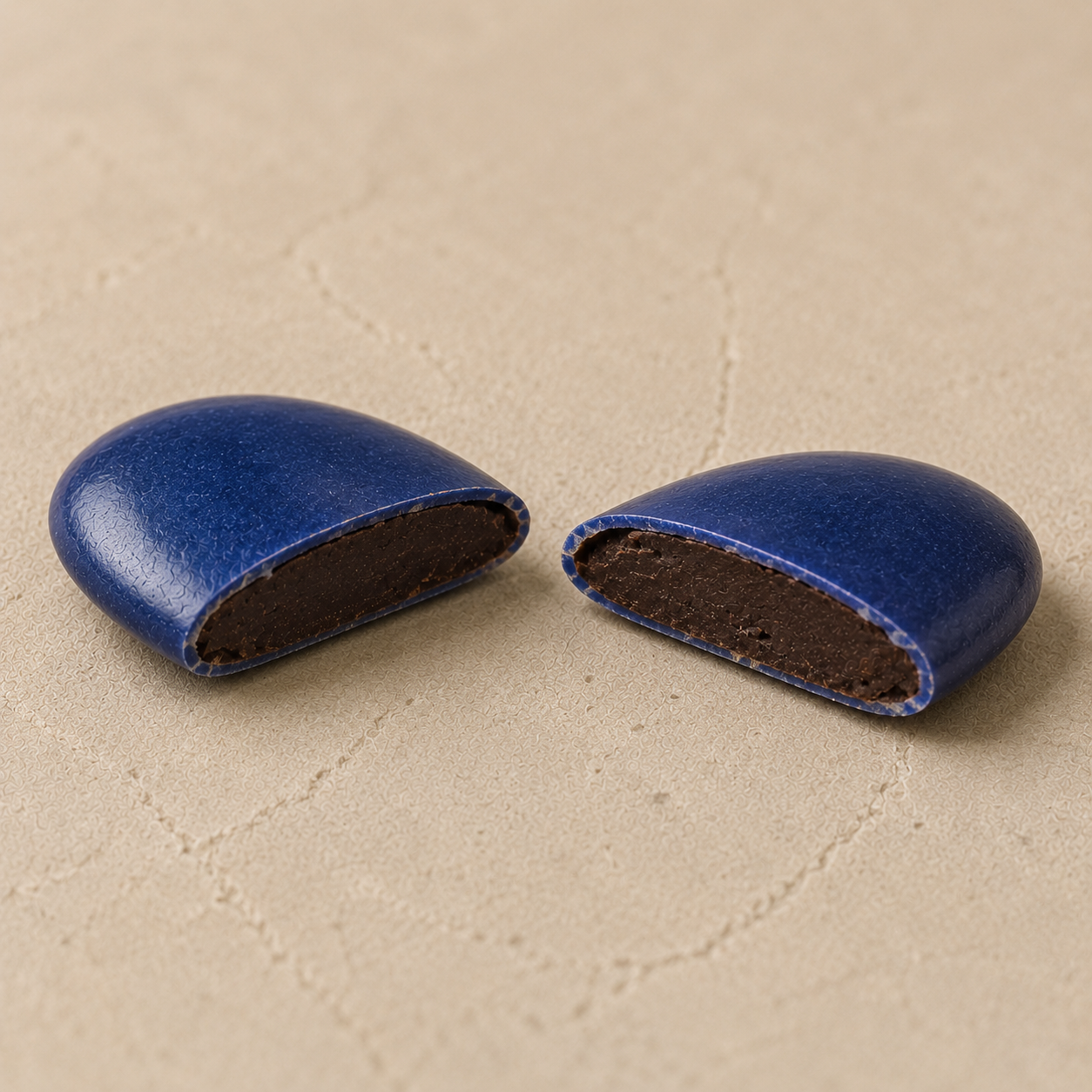 Dragées Chocolat Bleu Roi, coupe transversale révélant le cœur chocolat noir