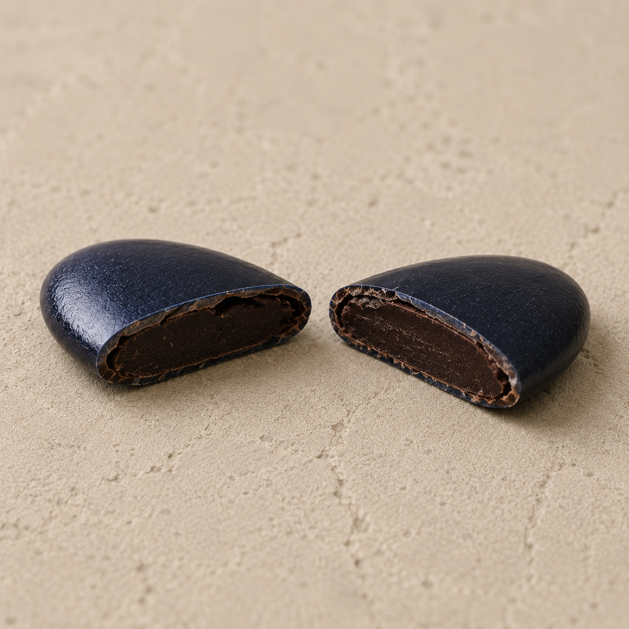 Dragées Chocolat Bleu Marine, coupe transversale révélant le cœur chocolat noir