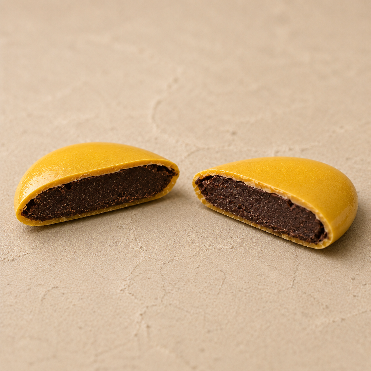 Dragées Chocolat Jaune Soleil, coupe transversale révélant le cœur chocolat noir