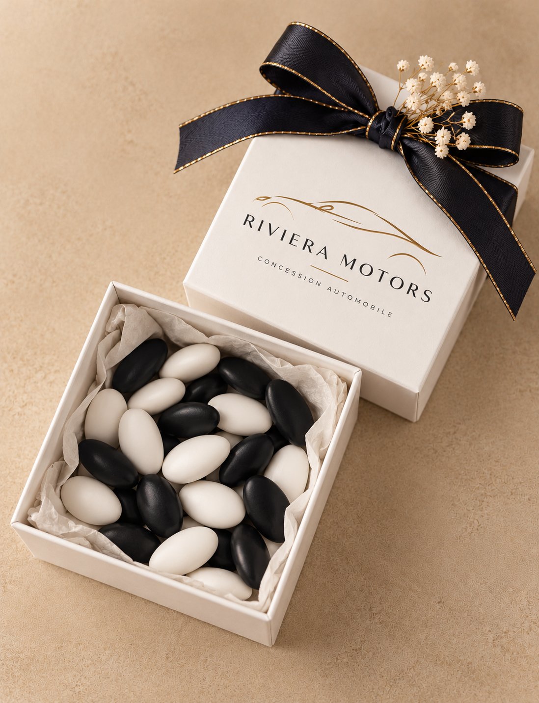 Boîte de dragées noires et blanches personnalisée au logo d'une concession automobile, Dragée Paris