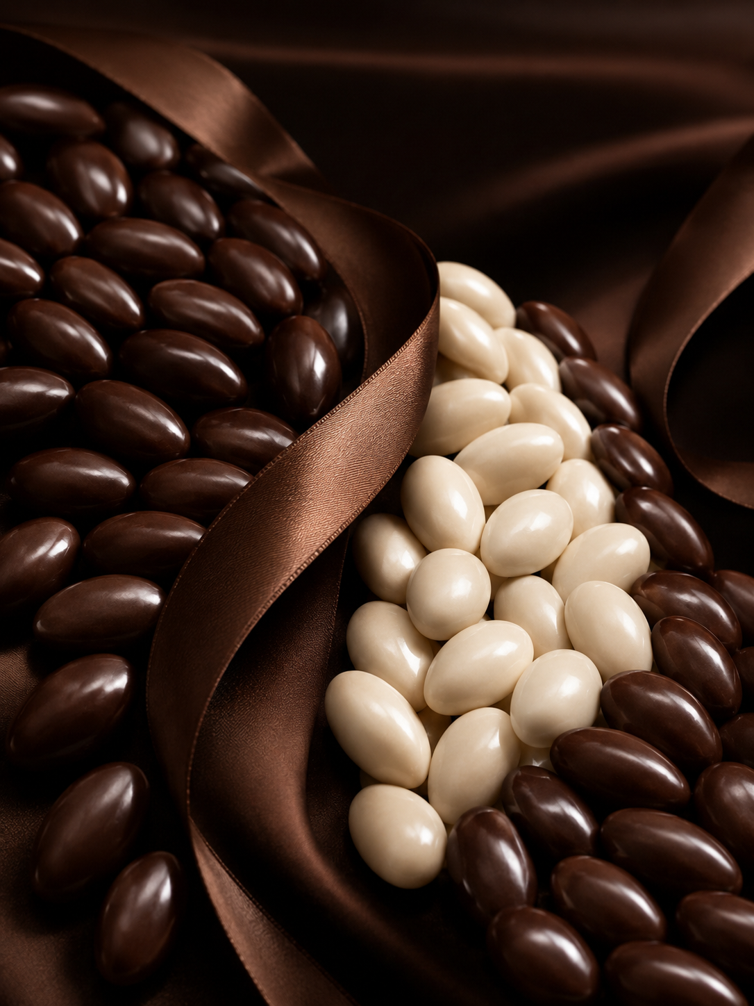 Dragées chocolat noir et blanc sur ruban de soie, Dragée Paris