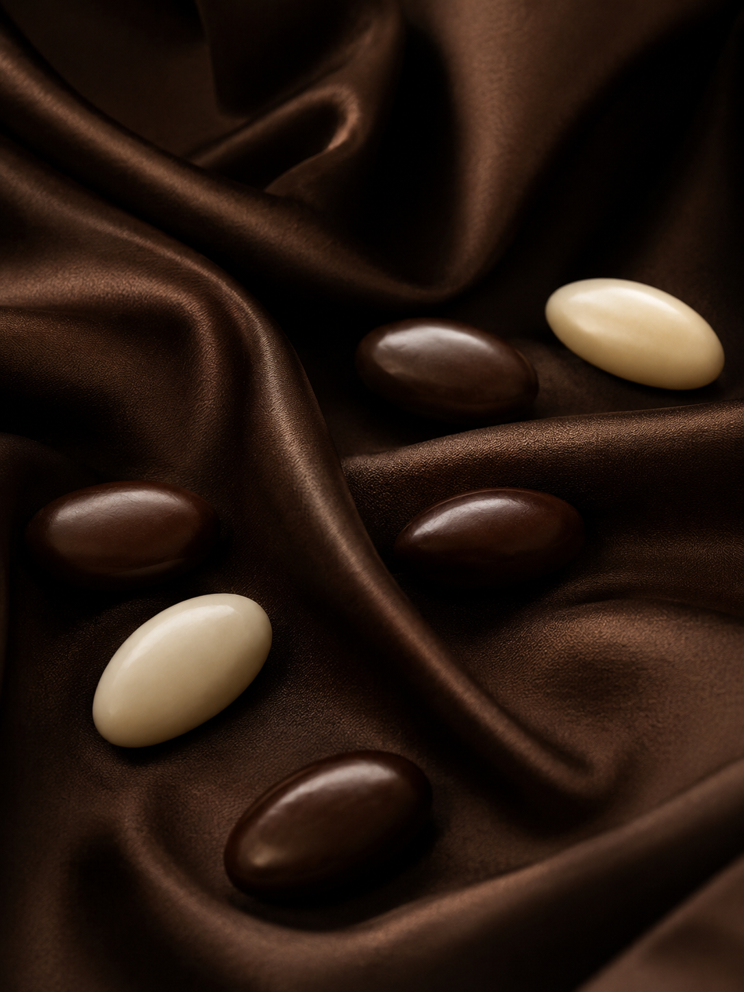 Dragées chocolat noir et blanc sur soie brune, Dragée Paris